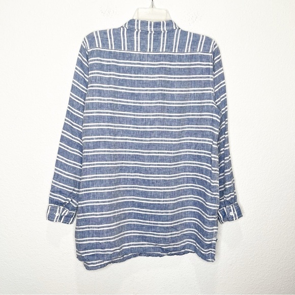 New Garnet Hill Easy Linen Tunic Button Up Shirt Blue Coast Stripe Petite - Picture 7 of 11